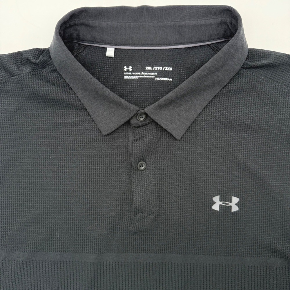 Under Armour Polo Shirt Men 2XL Black HeatGear Loose Fit Textured Short Sleeve